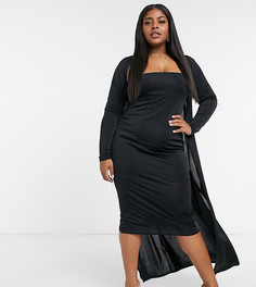 Черный атласный комплект из платья миди и халата ASOS DESIGN Curve-Черный цвет