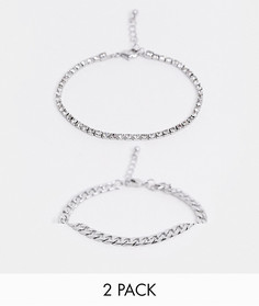 Набор серебристых браслетов на ногу 6 мм с цепочкой и стразами ASOS DESIGN-Серебряный