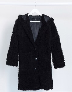 Черное пальто из искусственного меха с капюшоном Missguided-Черный цвет
