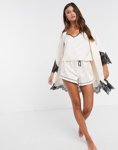 Кремовый атласный халат с черным кружевом Loungeable-Белый