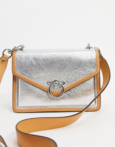 Кожаная серебристая сумка на плечо с контрастным коричневым ремешком Rebecca Minkoff-Серебряный