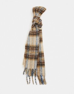 Пушистый шарф в коричневую/синюю клетку с добавлением шерсти ASOS DESIGN-Многоцветный