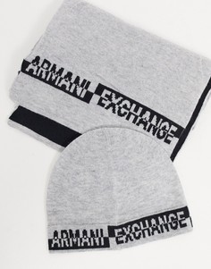 Серый подарочный комплект из шапки и шарфа Armani Exchange