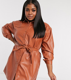 Светло-коричневое платье-рубашка в стиле oversized из искусственной кожи с поясом Saint Genies Plus-Коричневый цвет
