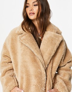 Плюшевое удлиненное пальто в байкерском стиле бежевого цвета NA-KD-Neutral