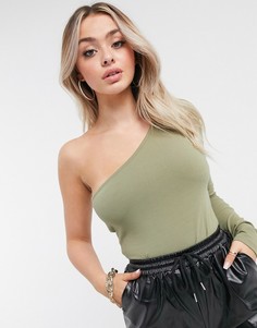 Боди на одно плечо цвета хаки NA-KD-Зеленый
