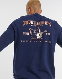 Темно-синий свитшот с принтом логотипа на спине True Religion