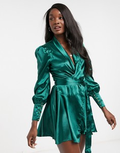 Атласное платье мини с запахом и манжетами на рукавах Club L London-Зеленый