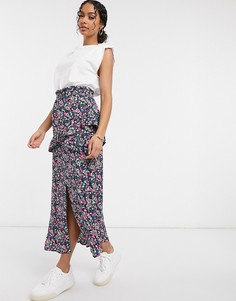 Синяя юбка миди с цветочным принтом и оборкой River Island-Голубой