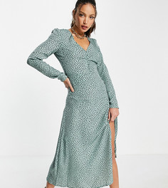 Пятнистое чайное платье миди с длинными рукавами и пуговицами Missguided Tall-Зеленый