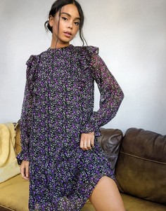 Свободное платье мини с мелким цветочным принтом и оборкой Violet Romance-Мульти