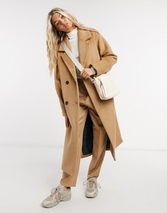 Бежевое двубортное пальто из шерсти с разрезами по бокам Selected Femme-Коричневый