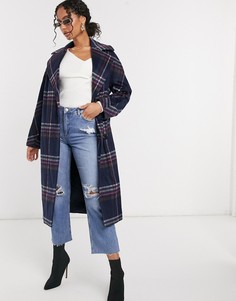 Синее двубортное oversized-пальто из шерстяной смеси в клетку Helene Berman-Темно-синий