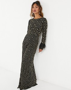 virgosloung all over embellished dress with faux feather detail in black-Черный