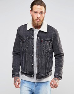 Куртка из черного выбеленного денима с подкладкой из искусственного меха Levis Type 3-Черный
