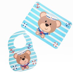 Набор для кормления, 2 предмета: нагрудник непромокаемый, коврик для кормления, цвет голубой