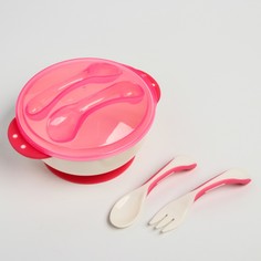 Набор детской посуды: тарелка, ложка, вилка, цвет розовый Mum&Baby