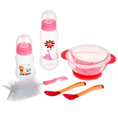 Набор детской посуды, подарочный, для девочки, 6 предметов: тарелка на присоске, столовые приборы, бутылочки 125 и 250 мл, ёршик, цвет розовый
