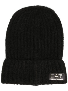 Ea7 Emporio Armani шапка бини в рубчик с нашивкой-логотипом