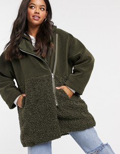 Зеленое плюшевое oversize-пальто на сквозной молнии из искусственного меха French Connection-Зеленый