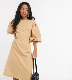 Поплиновое платье миди песочного цвета с пышными рукавами Vero Moda Petite-Коричневый