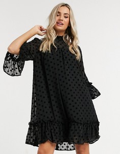 Черное свободное платье в горошек из ткани добби с высоким горлом Pieces-Черный