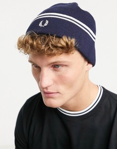 Черная шапка-бини с двойной полоской из мериносовой шерсти Fred Perry-Темно-синий