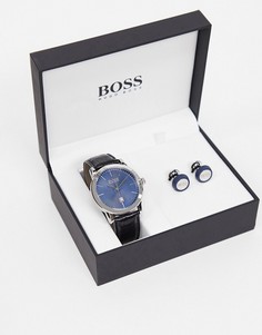 Подарочный набор из часов с кожаным ремешком и запонок BOSS-Темно-синий
