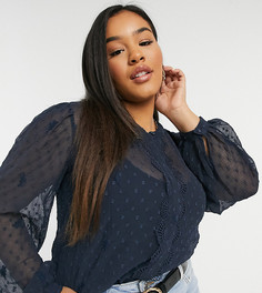 Темно-синяя прозрачная блузка в горошек с набивкой флок Junarose-Темно-синий