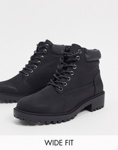 Черные ботинки из искусственной кожи со шнуровкой для широкой стопы New Look-Черный
