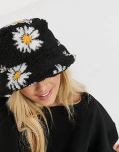 Панама с ромашками из искусственного меха с отворачивающимися полями ASOS DESIGN-Мульти