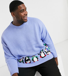 Новогодний oversized-джемпер с принтом в виде пингвинов ASOS DESIGN Plus-Синий
