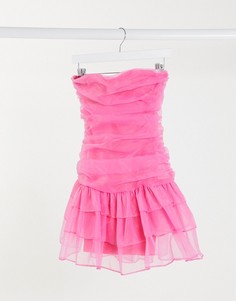 Розовое платье мини без бретелек из органзы с оборками Club L-Розовый