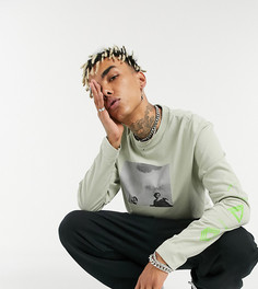 Oversized-лонгслив с принтом в пыльно-зеленом цвете COLLUSION-Зеленый