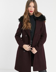 Двубортное пальто бордового цвета с воротником из искусственного меха Morgan-Темно-синий