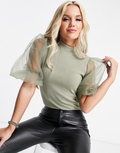 Топ цвета хаки с рукавами из органзы AX Paris-Зеленый