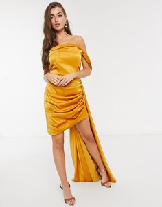 Атласное платье мини с открытыми плечами и драпировкой цвета охры Yaura-Золотой