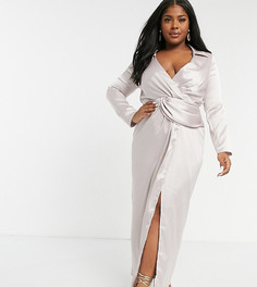 Ассиметричное платье-рубашка макси с глубоким вырезом и перекрученной деталью спереди Flounce London Plus-Серый