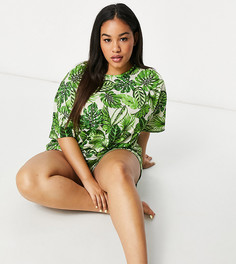 Зеленый пижамный комплект из футболки и шортов с пальмовым принтом ASOS DESIGN Curve-Мульти