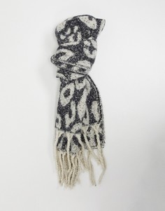 Серо-кремовый шарф со звериным принтом и кисточками French Connection-Черный