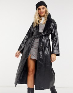 Удлиненное пальто из искусственной кожи с отделкой из искусственного меха Daisy Street-Черный