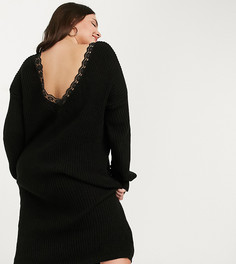 Трикотажное платье-джемпер с овальным вырезом на спине и кружевной отделкой Glamorous Curve-Черный