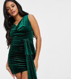 Эксклюзивное изумрудно-зеленое бархатное платье мини с драпировкой и длинным поясом Jaded Rose-Зеленый