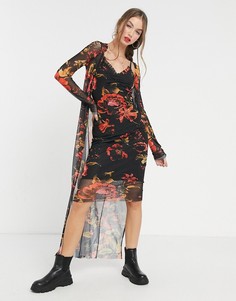 Платье-комбинация в комплекте с легким кардиганом с цветочным принтом на черном фоне Hope & Ivy 90s-Мульти