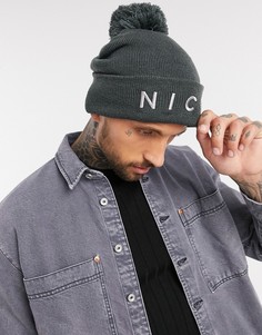 Серая шапка-бини с помпоном и вышитым логотипом Nicce-Серый