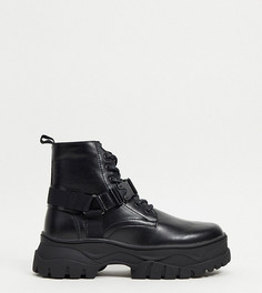 Черные ботинки для широкой стопы со шнуровкой из искусственной кожи с ремешком на массивной подошве ASOS DESIGN-Черный