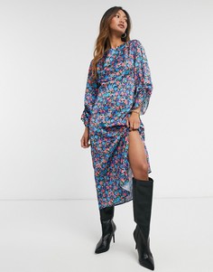 Синее платье миди с цветочным принтом и оборками на рукавах River Island-Синий