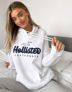 Белый oversized-худи с логотипом Hollister-Синий