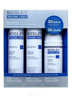 Bosley Pro, Система Синяя для истонченных неокрашенных волос (шампунь, кондиционер, уход) Bos Revive, 150 мл*2+100 мл