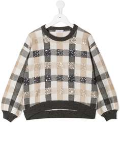 Brunello Cucinelli Kids свитер в клетку гингем с пайетками